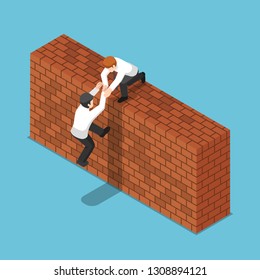 Flat 3d isometric businessman help his friend to climbing up a brick wall. Teamwork concept.