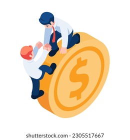 Un empresario isométrico y plano ayuda a un amigo a subir la moneda en dólares. Concepto de Consultor de Inversiones y Asesor Financiero.