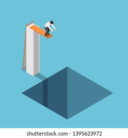 Flat 3d isometric businessman at the highest point ready to jump into the hole. Depressed and business failure concept.