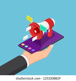 Flat 3d isometric businessman holding smartphone with announcing megaphone on his hand. Mobile marketing and digital advertising concept.