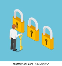 Flat 3d isometric businessman holding golden key and thinking in front of three golden lock. Business choice and opportunity concept.