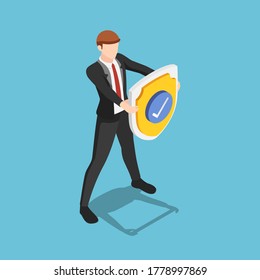 Flat 3d isometric businessman is holding a shield with check mark. Business protection security and insurance concept.