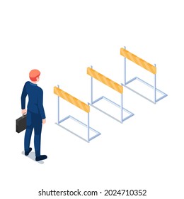 Flat 3d Isometric Businessman Holding Briefcase Standing In Front Of Hurdle Race Obstacle. Business Challenge Concept.