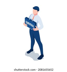 Flat 3d Isometric Businessman Holding Survival Business Bag. Business Survival Concept.