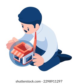 Flat 3d Isometric Businessman Holding and Protect His Business. Business Protection Concept.