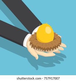 Flat 3d Isometric Businessman Holding Nest With Golden Egg. Investment And Financial Concept.