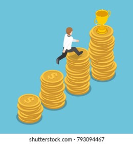 Flat 3d isometric businessman jump to the top of coin stack graph to get golden trophy. Business success and financial concept.