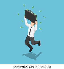 Flat 3d isometric businessman jumping and celebrating with suitcase full of money. Business success concept.