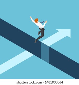 Flat 3d isometric businessman jumping over the gap between cliffs. Business risk and leadership concept.