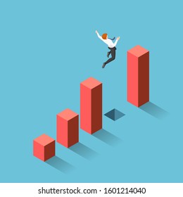 Flat 3d isometric businessman jumping through the gap between graph. Business challenge and risk concept.