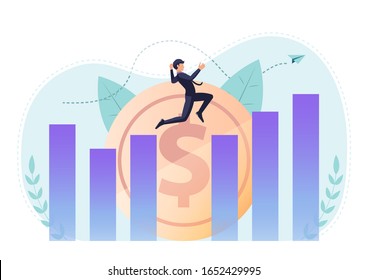 Flat 3d isometric businessman jumping across gap between graph to reach higher point. Leadership and business success concept.