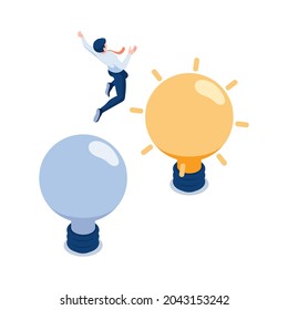 Flat 3d Isometric Businessman Jumping From Old To New Lightbulb. Business Idea Concept.