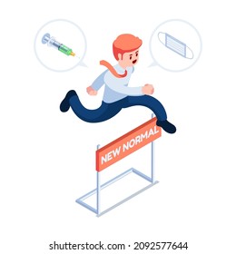 Flat 3d Isometric Businessman Jumping Over New Normal Obstacle. New Normal Life After Covid-19 Concept.