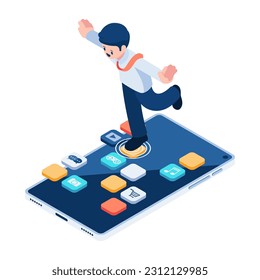 Flat 3d Isometric Businessman Jumping on Smartphone Application. Mobile App Development and Smartphone Addiction Concept.