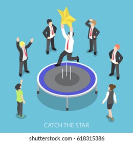 Flat 3d isometric businessman jumping on the trampoline and catch the star, success career and achievement concept
