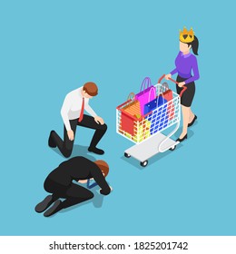 Flat 3d isometric businessman kneeling in front of customer with crown. Customer is king and customer service concept.