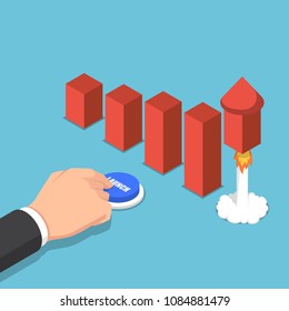 Flat 3d isometric businessman launching rocket to increase graph. Business growth concept.