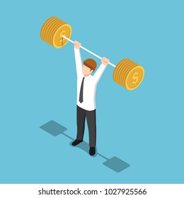 Flat 3d isometric businessman lifting barbell coins. Financial strength concept.