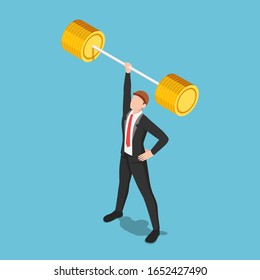 Flat 3d isometric businessman lifting barbell by one hand. Business power and leadership concept.