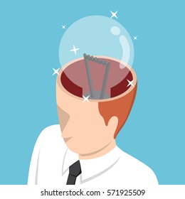 Flat 3d isometric businessman with light bulb in his head, idea concept