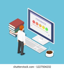 Flat 3d isometric businessman look at rating screen. Customer satisfaction feedback and rating concept.