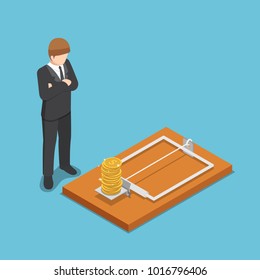Flat 3d isometric businessman looking at dollar coin on mousetrap. Business and money trap concept.