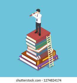 Flat 3d isometric businessman looking through telescope on stack of book. Business vision and education concept.