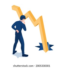 Flat 3d Isometric Businessman Looking at Graph Falling Down Through The Floor. Business Crisis and Analysis Concept.