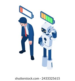 Flat 3d Isometric Businessman Low Battery VS Robot with Full Energy. Ai Robot Take Over Human Job Concept.