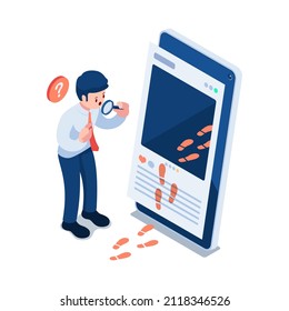 Flat 3d Isometric Businessman with Magnifier Looking at Footprint Inside Social Media. Digital Footprint Concept.