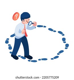 Flat 3d Isometrischer Geschäftsmann mit Magnifying Glass Analyze Circle Footstep. Loop Routine Job und Dead-End Job Konzept.