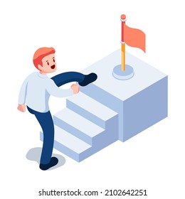 Flat 3d Isometric Businessman Make a Big Step and Skipping to The Goal. Shortcut to Business Success Concept.