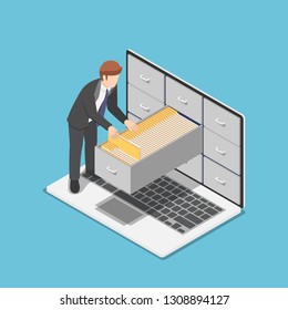 Flat 3d Isometric Businessman Manage Document Folders In Cabinet Inside The Laptop Screen. File And Data Management Concept.