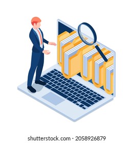 Flat 3d Isometric Businessman Manage Folders and Files on Laptop Screen. Administration and Database File Management Concept.