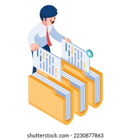 Flat 3d Isometric Businessman Manage Files and Folders. File Management Concept.