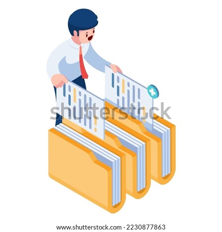 Flat 3d Isometric Businessman Manage Files and Folders. File Management Concept.