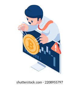 Flat 3d Isometric Businessman Manipulate Bitcoin Price. Bitcoin or Cryptocurrency Market Manipulation Concept.