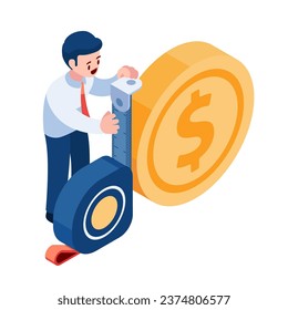 Flat 3d Isometrischer Geschäftsmann, der Geldmünzen misst. Konzept der Finanzanalyse und Investitionsplanung.