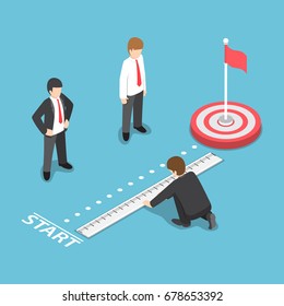 Flat 3d Isometric Businessman Measuring Distance Between Start Point and Target. Business Target Analysis Concept