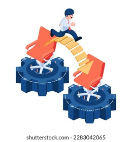 Flat 3d Isometric Businessman Moving to New Job Office Chair. Job Promotion and New Career Path Concept.
