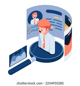 Flat 3d Isometric Business Mann auf Magnifying Glass mit Resume. Einstellungsverfahren.