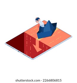 Un empresario isométrico plano de 3d en un barco de papel que se dirige a la cascada del Océano Rojo. Concepto de situación de crisis del mercado del Océano Rojo y de las empresas.