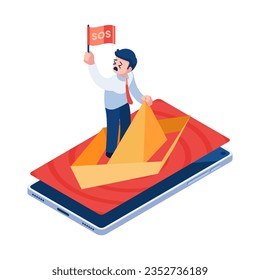 Flat 3d Isometric Business Mann auf Boot Sinking auf dem Roten Ozean Markt. Marketing- und Wirtschaftskrisenkonzept des Roten Ozeans.
