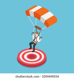 Flat 3d isometric businessman with parachute landing on the target. Business success concept.