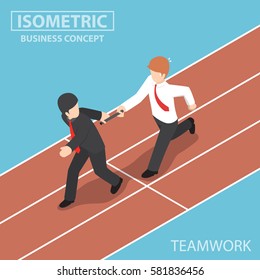 Flat 3d Isometric Businessman Passing Baton to His Colleague in Relay Race, Teamwork concept