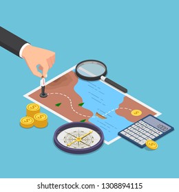 Flat 3d isometric businessman planning the way to success on treasure map with compass, calculator, magnifying glass. Business planning concept.