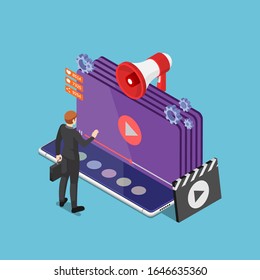 Flat 3d Isometric Businessman Play Online Video Streaming On Smartphone. Video Content Marketing And Movie Streaming Service Concept.