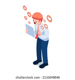 Flat 3d Isometric Businessman Playing Social Media on Tablet PC. Social Media Engagement Concept.