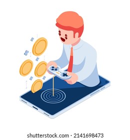 Flat 3d Isometric Businessman Playing Games on Smartphone and Earn Money. Play to Earn Concept.
