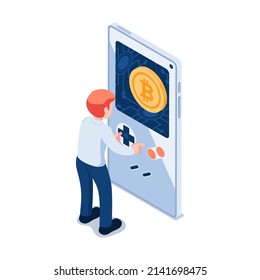 Flat 3d Isometric Businessman Playing Games on Smartphone and Earn Bitcoin. Play to Earn Concept.